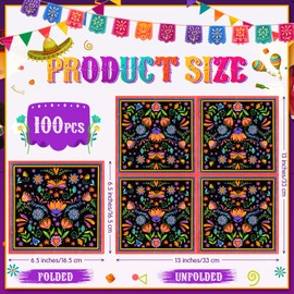 FillTouch 100 Pcs Mexican Fiesta Napkins Cielito Lindo Paper Napkins Mandala Flower Cielito Lindo Party Decoration for Baby Shower Taco Tuesday Mexican Birthday Party Supplies (Black)