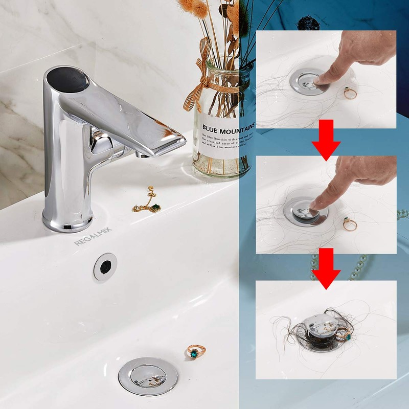 REGALMIX Pop Up Drain Stopper, Built-in Anti-Clogging Strainer, Polished Chrome,