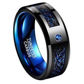 TUNGSTORY Promise Ring for Him Black Tungsten Carbide Celtic Dragon Engagement Band with Blue Carbon Fiber and CZ Inlay Size 13.5