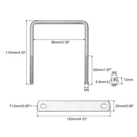 sourcing map Square U-bolts, 3 sets 86 mm (3.39 inches), inner width 110 mm length, M8 304 stainless steel U clamping screw with nuts and plates, for boat trailers