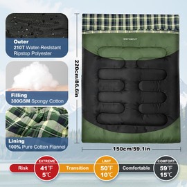 WKFAMOUT Cotton Flannel Double Sleeping Bag for Adults Machine Washable 2 Person Camping Sleeping Bag Queen Size Waterproof with Compression Sack for Cold Weather 3-4 Seasons