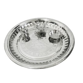 Stainless Steel Pooja Thali Karwa chauth Plate Navaratri Navratri Aarti Thali Ganpati and Swastik Puja thali Home Temple mandir Diwali Pooja Thali Housewarming Thanksgiving (9.5 inch)