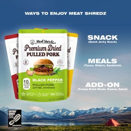 Meat Shredz - Premium Dried Pulled Pork (Black Pepper Sage, 1 Pack) | Gluten Free | High Protein & Low Sugar | Bacon Bits | Dehydrated Backpacking & Camping Food | Shredded, Dried Jerky Chew Snack