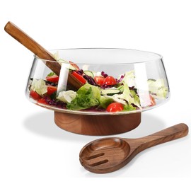 Airsent Glass Salad Bowl Set with Wood Base Servers, Large 160 oz Hand Blown Glass Bowl Kitchen Must Haves, Big Serving Bowl Elegance Trifle Bowl Glass, Wooden Kitchen Utensils for Party