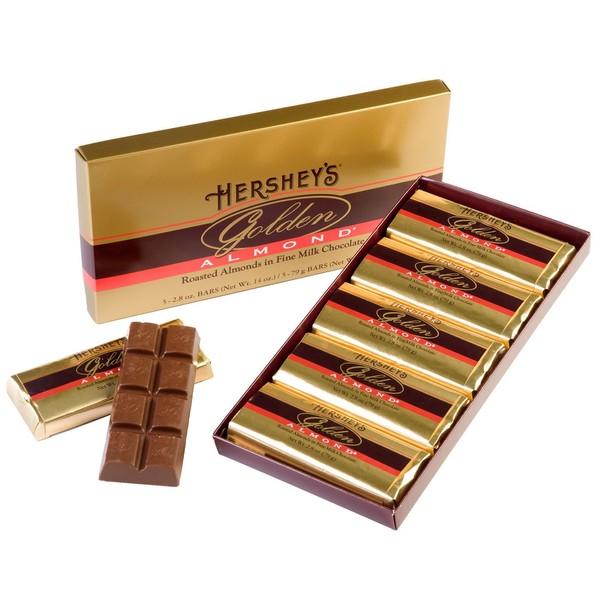 HERSHEY'S GOLDEN ALMOND Chocolate Bar, Roasted Almonds in Fine Milk Chocolate Candy Bar, Individually Wrapped Bars in Gift Box, 14 Ounce Box
