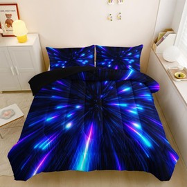 QOOMO Abstract Lines 3D Quilt Set,Stars Meteor Galaxy Twin Bed Comforter Set for Boys,Blue Kids Bedding Set,Soft Lightweight Bed Comforter Set,Twin Size 1 Comforter and 2 Pillowcases