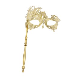 Frediuo Women Masquerade Mask Costume Prop, Metal, Elegant Party Face Mask with Holding Stick for Stage Performance Show Cosplay, Gold