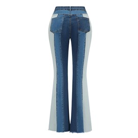 THUNDER STAR Women Patchwork Flare Jeans Stretch High Waisted Bell Bottom Raw Hem Denim Pants #1 Blue L