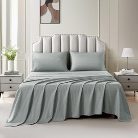 ROOYE Queen Size Sheet Set 4 Piece - Ultra Soft Brushed Microfiber Damask Stripe Sheet Set - 17" Deep Pocket, Wrinkle-Free & Fade Resistant - Hotel Luxury Bedding (Stripe Grey Sheets)