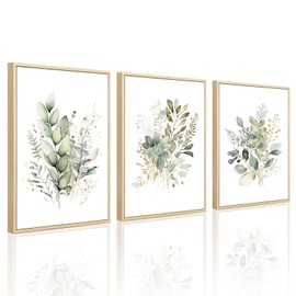 Joocrise Watercolor Botanical Wall Art Set of 3 Boho Floral Canvas Wall Decor Prints Sage Green Wildflower Wall Art Modern Flower Pictures Botanical Painting for Bedroom Bathroom 12x16 Inch Framed
