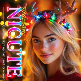 Nicute Light Up Christmas Headband Green LED Xmas Hair Hoop Glow Festival Party Hair Band for Women and Girls (Green 2)