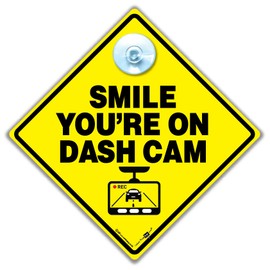 Smile You're On Dash Cam Car Sign, CCTV Warning Sign, 14 cm x 14 cm, Yellow Diamond with Suction Cup