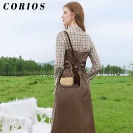 CORIOS Small Velvet Handbag for Women Lamb Wool Shoulder Bag Soft Plush Tote Bag Vintage Crossbody Bag Fluffy Messenger Bag Top Handle Bag Satchel Bag Dark Khaki