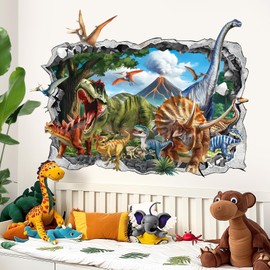 decalmile 3D Dinosaur Wall Stickers Large Dino Crack Hole Dinosaur Animals Volcano Wall Decals Boys Room Baby Nursery Kids Bedroom Wall Decor