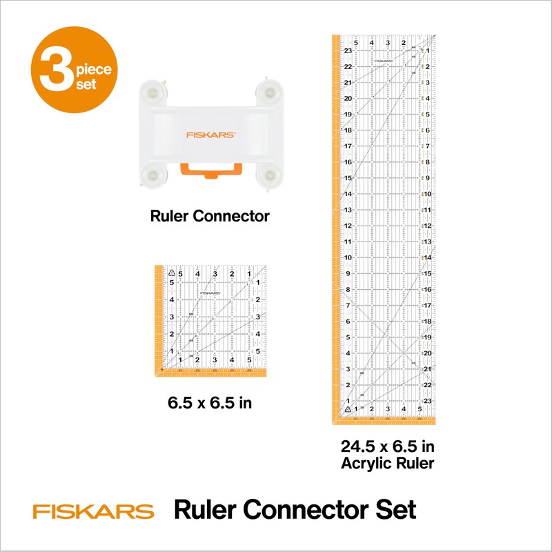 Fiskars 3-Piece Ruler & Connector Set, 6.5"x6.5" and 6.5"x24.5" Rulers,