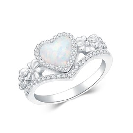 Shroova 925 Sterling Silver Daisy Flower Heart-Shaped Opal Ring with Cubic Zirconia,Flower Stacking Statement Wedding Band Ring for Women Jewelry Gifts for Her(Size 6)
