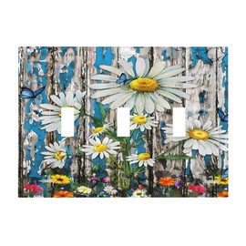 Od Wooden Door Sunflowers 3 Gang Triple Toggle Light Switch Wall Plate Cover Decirative Electrical Faceplate for Kitchen Bathroom Bedroom Decor