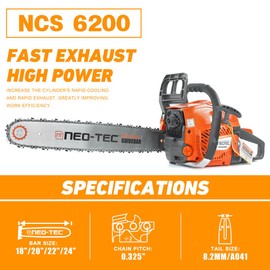NEO-TEC 20 Inch Chainsaw, 62CC Power Chain Saws Gas Powered 2 Stroke Handed Petrol Gasoline Chain Saw for Cutting Wood Outdoor Garden