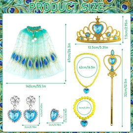 exatta 8 Pieces Peacock Princess Tulle Cape Glitter Sequins Girls with Crown Wand Necklace Bracelet Ring Earrings Children's Costume Set for 5-10 Years for Carnival Theme Party Fancy Dress Birthday