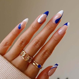 RikView White Press on Nails Medium Length Fake Nails Almond Acrylic Nails Blue Nails