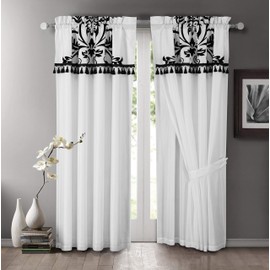 Chezmoi Collection Nobility 4-Piece Flocked Floral Faux Silk Window Curtain Set with Sheer Backing Valance, White/Black