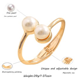 Locrccl Gold Big Cuff Pearl Bracelet for Women Open Broadside Ball Boho Handcuffs Wrist Bangle Lightweight Everyday Jewelry (B)