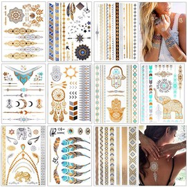 Tattoo Waterproof Metallic Temporary Tattoo 10 Sheets in Gold Silver Stickers Body Fake Jewellery Tattoos Over 200 Designs, Festival Tattoos for Arms Chest Back Legs