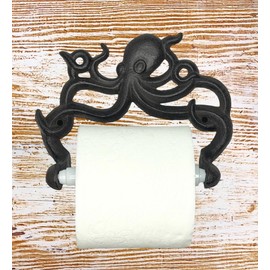 Octopus Toilet Paper Roll Holder – Cast Iron Decorative Wall Mount – Distressed Nautical Finish with Mounting Hardware (Marine Dark Brown)