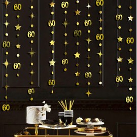 Gold 60th Birthday Decorations Number 60 Twinkle Star Circle Dot Garland Streamer Metallic Paper Hanging Backdrop Banner for Happy 60th Old Birthday Sixty & Fabulous Cheers to 60 Years Party Supplies