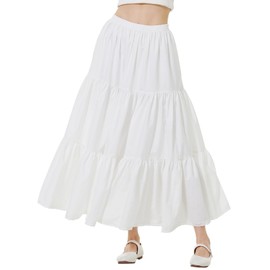 BEAUTELICATE Women's Maxi Tiered Skirt Midi Swing Skirt Pure Cotton Vacation Boho Long Skirt Stylish Casual Full Circle Summer Skirt with Lace Trim Pockets(Off White-90cm, L)