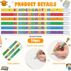 AmazingSpark 24 Pack Kindergarten Pencils for Kids Cute Pencils and Erasers for Back to School Supplies List for I'm Going to Kindergarten Spring Semester Year 2026 First Day of Classroom Reward Gift