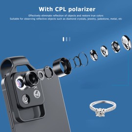 200X Phone Mini Pocket Microscope, Clip Design Phone Microscope with LED Light, 200X Phone Mini Pocket Microscope for Jadestone Metal, with CPL Polarizer (Black)