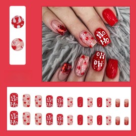 Hamefen Press On Nails, Nail glue included, Red, Short Squoval Shape, Includes 24 Nails, 1g glue, 1 Manicure Stick, 1 Mini File, Adhesive Tabs(24 Pcs Jelly Glue Stickers)