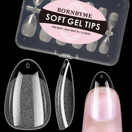 BORNBYME Extra Short Almond Soft Gel Nail Tips,120PCS Pre Buff Full Cover Shaped Nail Extenison Tips Half Matte Gel X Nail Tips Acrylic False Nail Tips