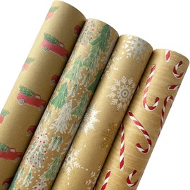 Jillson Roberts Kraft Wrapping Paper Roll Bundle (25 sq ft per roll, 100 Total Sq Ft) Red Pickup Truck, Candy Cane Glitter, Snowflake Sky, Opulent Tree, 4 Pack
