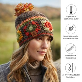 Pachamama Women Wool Beanie Bobble Hat Fleece Lined Hand Crocheted Flower Pattern Multicoloured One-Size Handmade Extra Warm Fair Trade (Wool, Earth)
