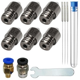 Hardened Steel Nozzle, CESFONJER 6 Pcs 0.4mm Printer Nozzle with 3 Pcs 0.4mm Nozzle Cleaning Needle and 1 Pcs 6mm Open End Wrench + 1 Pcs PC4-M6 & 1 Pcs PC4-M10 for MK8 Anet A8 3D Printer
