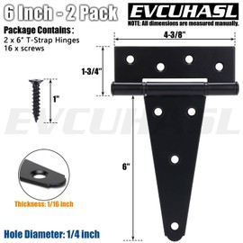 EVCUHASL 6 Inch T-Strap Gate Hinges, Shed Barn Door Hinges Heavy Duty, Black Tee Hinges for Wooden Fences, Yard Gate, Wrought Hardware Iron Rustproof (2 Pack/Set)