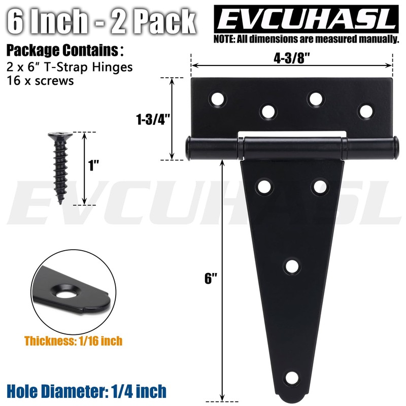 EVCUHASL 6 Inch T-Strap Gate Hinges, Shed Barn Door Hinges