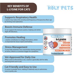 Holy Pets 100% Pure L-Lysine Powder for Cats – No Fillters, Additaves or Preservatives - 1,000mg per Scoop – Immune, Respiratory & Eye Support – Helps with Sneezing, Runny Nose & Cold Symptoms