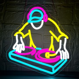 DJ Player Neon Sign for Wall Decor Dimmable Music Neon Light for Man Cave LED Light Up Sign for Music Room Studio Stage Dancing Hall Bar Bedroom Party Birthday gift Art 12.8 * 11.8In (WZCP222)