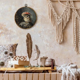 shiviody Owl Mushroom Canvas Wall Art Decor, Rainy Forest Animal Wall Decor, Nature Cottagecore Woodland Round Hanging Frame Prints Decorations for Kids Room Farmhouse 10"x10"