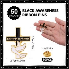 WANDIC 50PCS Black Ribbon Brooches, Metal Brooch Pins 2.7 * 3.5cm Peace Dove Forever in our Condolences on The Funeral Awareness Badge for Event Decorations