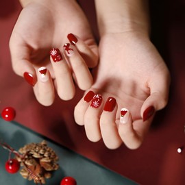 Christmas Press on Nails Short Red French Tip Fake Nails with Snowflake Christmas Tree Design Nude Glossy False Nails with Cute Elk Design Acrylic Full Cover Glue on Nails Stick on Nails for Women