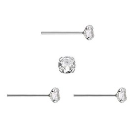 DENI 3 x Straight Stem Silver Round Cubic Zirconia Stone Shiny 2.5mm Fine Stem 0.6mm Sterling Silver Nose Studs, Sterling Silver