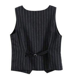 Amazhiyu Pure Linen Sleeveless Vest for Women Button Down V Neck Summer Waistcoat Stripe Navy Large