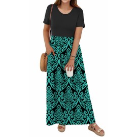 levaca Flowy Dresses for Womens Short Sleeve Petite Casual Long Maxi Floral Dress with Pockets Blue Green M