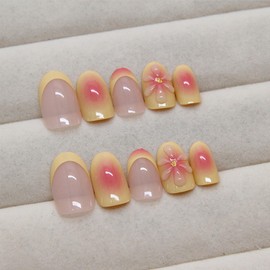 Yellow French Tips Press on Nails Short Almond Fake Nails with 3D Flower Designs Pink Gradient Tip Gold Foil Stick on Nails Full Cover Glossy Nude Acrylic False Nails Glue on Nails for Women 24Pcs