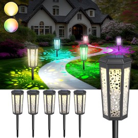 GOMAZBEA Solar Powered Pathway Lights Outdoor Warm White & RGB Color Changing LED Landscape Decor Waterproof, for Patio, Yard, Walkway, Driveway, Garden, Auto On/Off 6 Pack 2 Modes