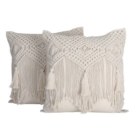 Folkulture Boho Throw Pillow Covers 18X18, Macrame Decorative Pillow Covers, Modern Farmhouse Bohemian Pillowcases for Bed, Couch or Sofa, Set of 2 Farmhouse Pillow Covers with Tassels, Natural White